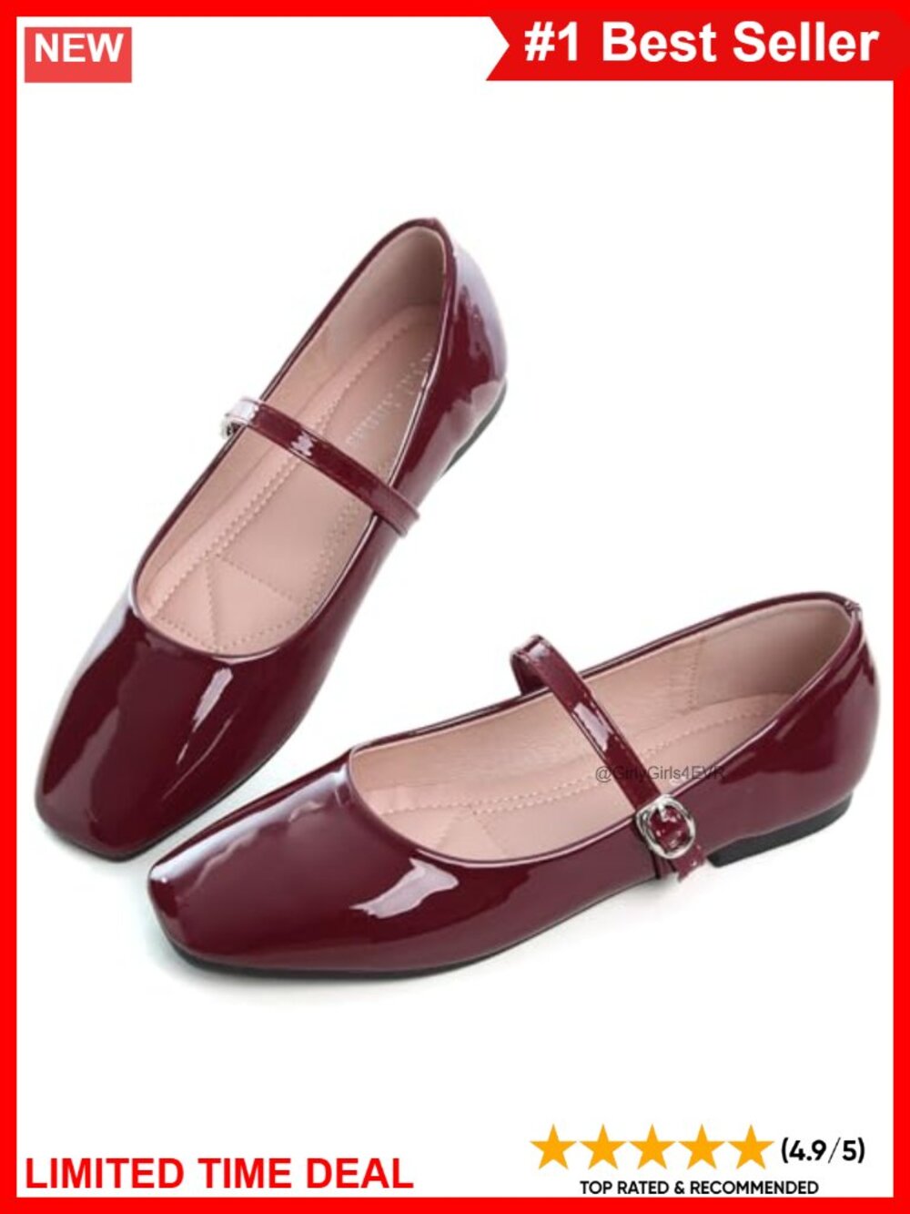 Patent Leather Mary Jane Flats Square Toe Buckle Comfort Dress Shoes